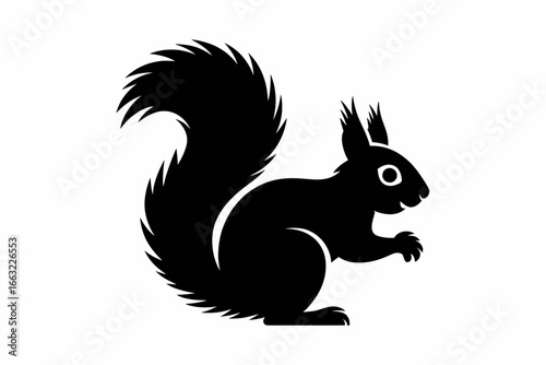 Stylized black squirrel silhouette with a bushy tail isolated on white background