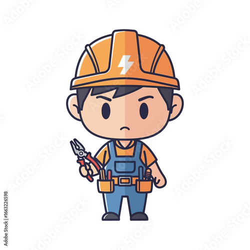 An electrician wearing a hard hat and tool belt, holding pliers, in a cute chibi art style, representing a skilled tradesperson