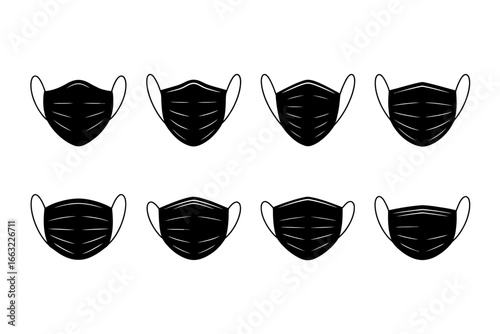 Collection of black medical face mask silhouettes isolated on white background