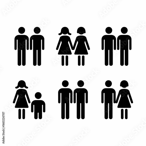 Diverse couple and family silhouettes representing relationships and gender combinations isolated on white background silhouette
