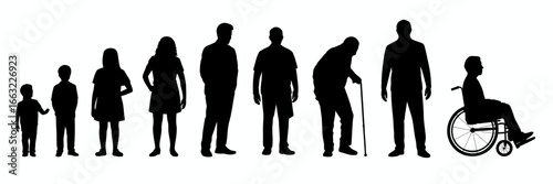 Diverse human life stages and mobility depicted as black silhouettes isolated on white background
