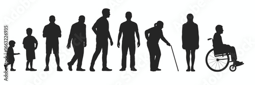 Human life stages from childhood to old age in silhouette isolated on white background