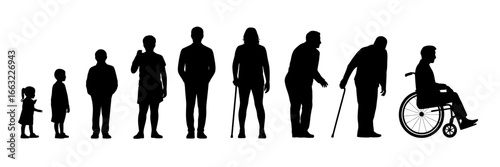 Silhouettes of human life stages from childhood to old age with wheelchair isolated on white background