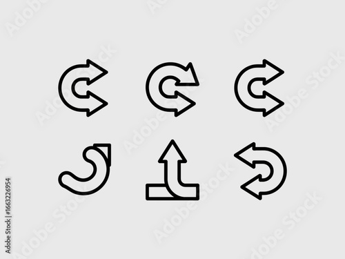 Collection of six black outline arrow icons silhouette isolated on white background