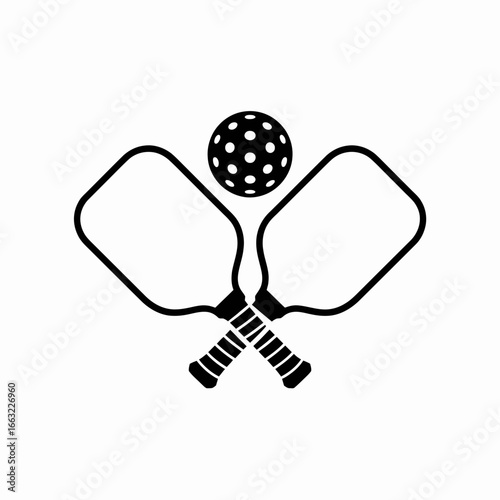 Two pickleball paddles and a ball silhouette isolated on white background