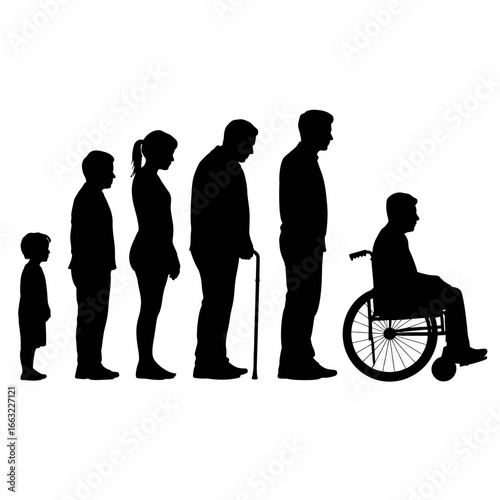 Human life cycle progression from childhood to old age and disability silhouette isolated on white background