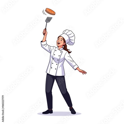 Chef's Culinary Flip: A skilled chef joyfully flips a pancake with a spatula, embodying the art of cooking and culinary skill. 