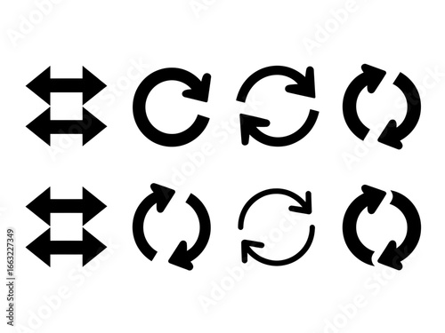 Collection of circular and horizontal arrow icons with reload and resize symbol silhouette isolated on white background