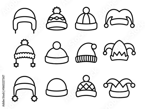 Collection of winter hats and jester hats silhouette icons isolated on white background