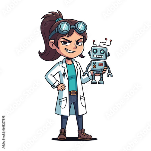 Girl with Mini Robot: A young scientist proudly holds a mini robot, her eyes gleaming with ingenuity and passion, creating a scene of youthful innovation.