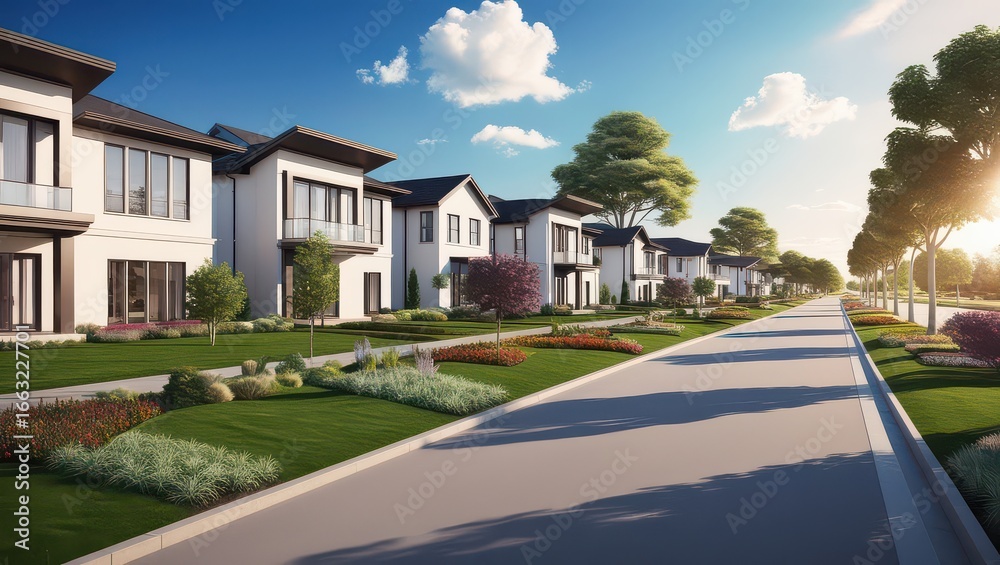 Obraz premium A residential street lined with modern houses on a sunny day with blue skies and white puffy clouds