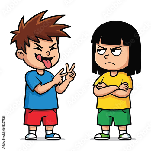 Childhood Mischief: A spirited scene unfolds with two children engaging in playful antics, portraying a cartoonish illustration of childhood moments and interpersonal dynamics.
