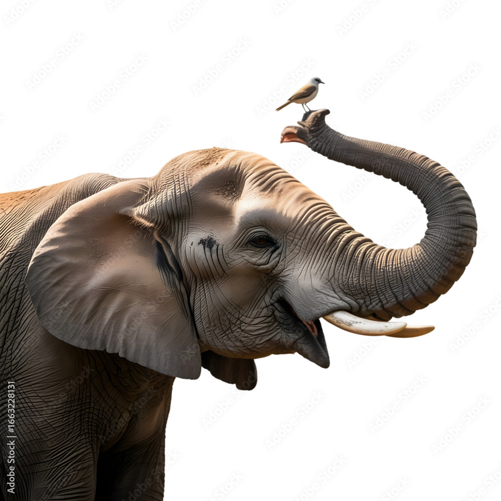 Obraz premium Elephant with a bird perched on its trunk isolated on transparent background