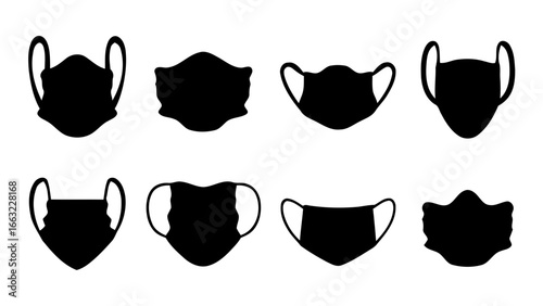 Collection of eight different face mask silhouettes isolated on white background