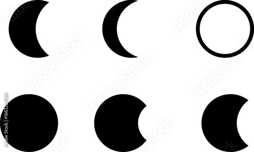 Six different phases of the moon silhouette isolated on white background