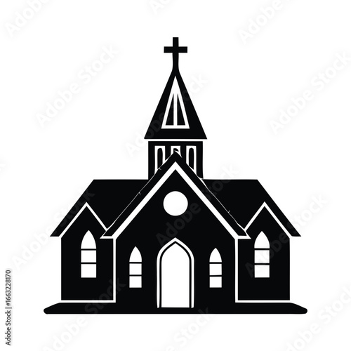 Black silhouette of a church with a cross on top isolated on white background