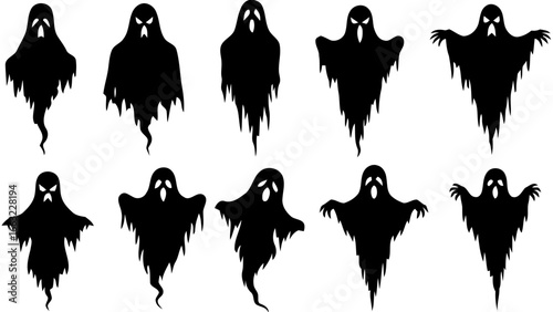 Collection of ten spooky black ghost silhouettes isolated on white background