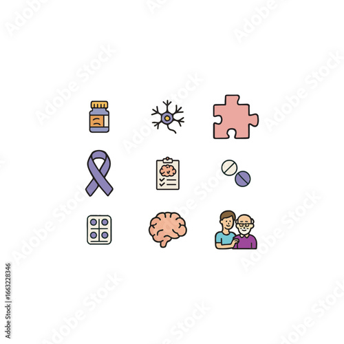 Alzheimer’s Awareness Icons – Purple Ribbon, Brain, Neuron, Medical and Neurology Vector Set