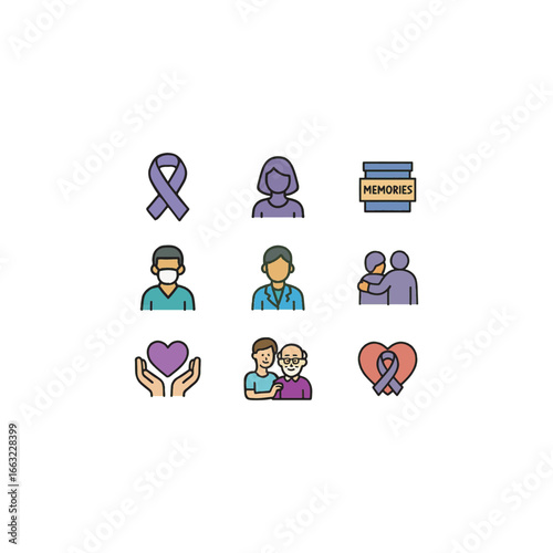 Alzheimer’s Awareness Month Icons – Purple Ribbon, Elderly Care, Medical Staff, Support and Healthcare Vector Set