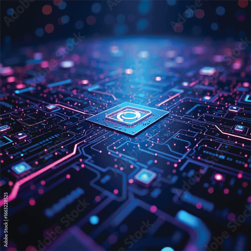 High-tech futuristic PCB close-up with neon glow.