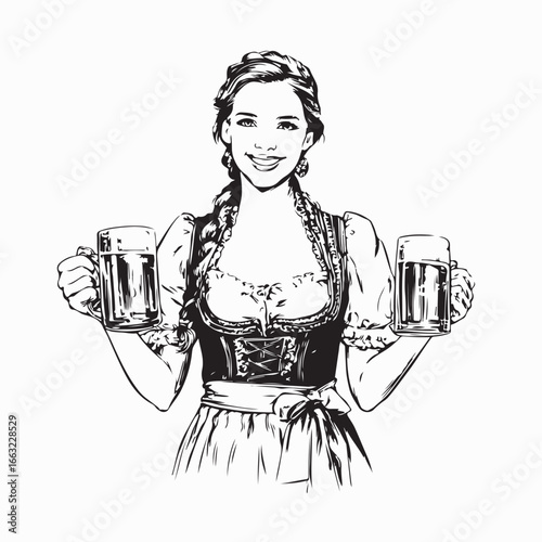 Waitress Wearing Traditional Clothes and Holding Beer Glass Vector Illustration