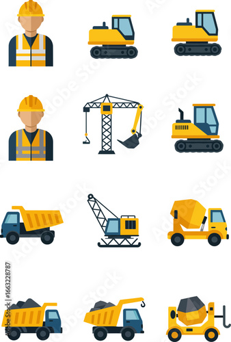 a set of construction workers and heavy equipment