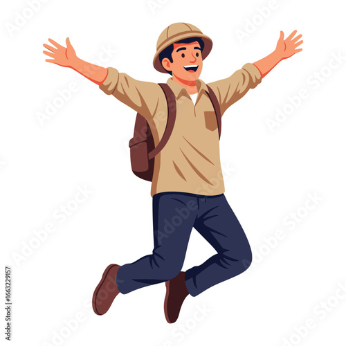 Adventurer's Exuberance: A joyful adventurer leaps with open arms, embodying the spirit of discovery and excitement, adorned in travel attire ready to explore.