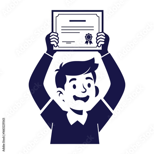 Proud Certificate: A smiling individual joyfully holds up a certificate of completion, radiating pride and a sense of accomplishment. This illustration represents dedication and success.