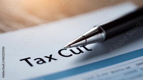 Close-up View of a Pen and Tax Cut Document on a Wooden Table Surface for Financial Concept