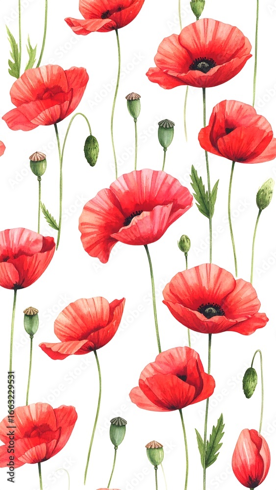 Fototapeta premium Watercolor poppy pattern