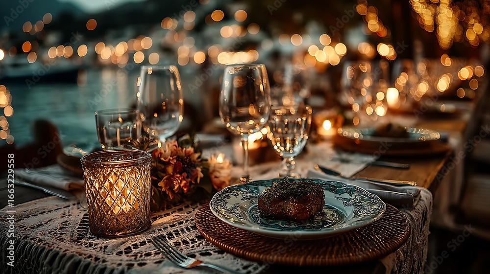 Fototapeta premium Elegant dinner setting with floral decoration high resolution picture