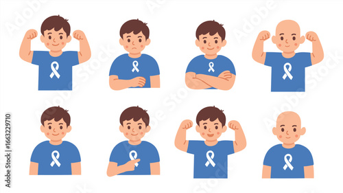 Boys flexing arms wearing blue cancer awareness shirts vector