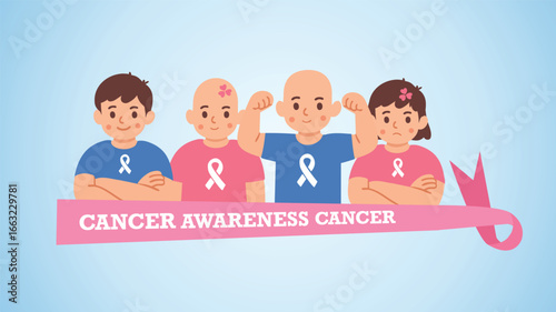 Group of kids survivors showing cancer awareness ribbons vector