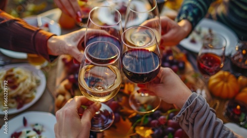 Close-up stock photo of red and white wine glasses in hands of friends toasting at autumn table with delicious food, outdoor fall social gathering, friendship and celebration concept