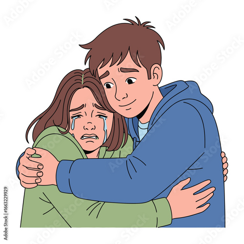Empathy in Embrace: A poignant moment of solace is captured in this illustration, as a compassionate figure offers a comforting embrace to someone in tears, symbolizing support and shared emotion.