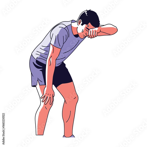Exhaustion and Defeat: A runner endures a moment of heavy fatigue after a difficult run, his body language vividly portraying the challenge of athletic persistence. 