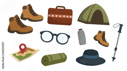 Camping equipment vector set including shoes tent glasses map and travel items