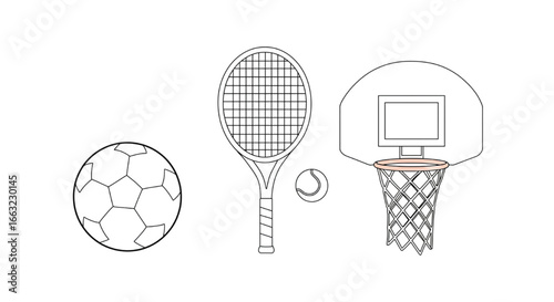 Sports Equipment Collection: Soccer Ball, Tennis Racquet, Tennis Ball, and Basketball Hoop - Clean Line Art on Black Background