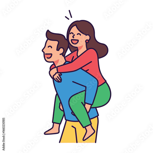 Piggyback Ride: A happy couple shares a joyful moment, the man playfully carrying the woman on his back, capturing the essence of love and lightheartedness.