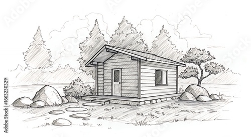 Pencil sketch of a small wooden cabin in a forest