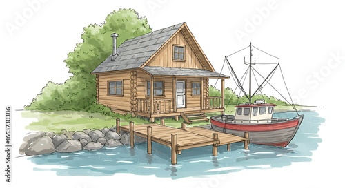 Rustic cabin and fishing boat on a lakeside pier