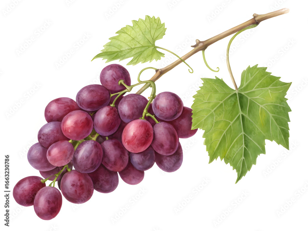 Fototapeta premium A ripe bunch of red grapes with green leaves on a vine