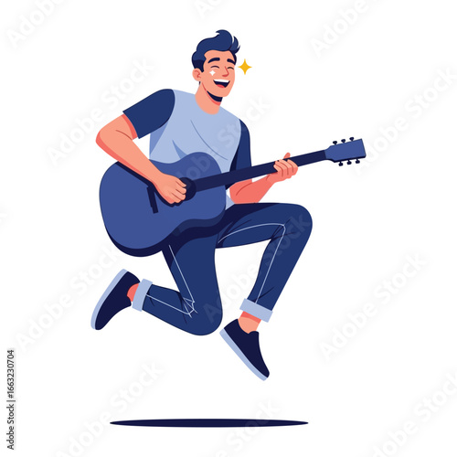 Acoustic Serenade: Joyful moment of a man jumping with guitar, embodies the pure love of music.