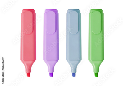 Four Pastel Colored Highlighters Set on a Black Background, Office Supply Tool Transparent Background