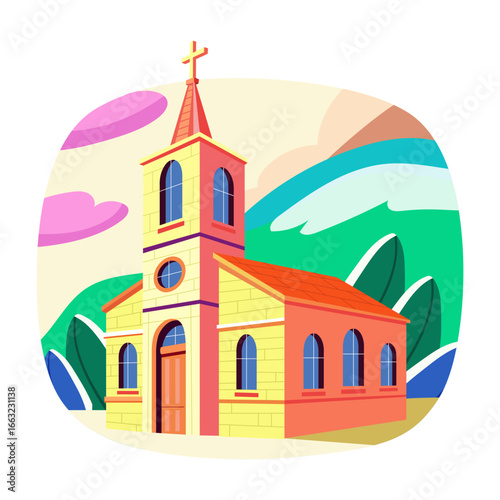 A flat style illustration showing a church building
