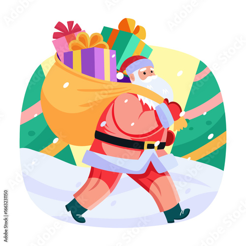 A flat style illustration of a santa clause holding gift bag