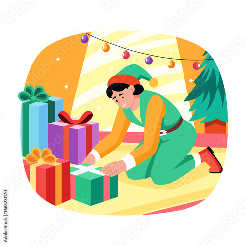Flat illustration showing a character happily opens the christmas gifts