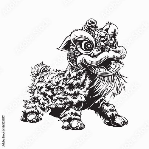 Traditional Chinese lion dance performance image vector on white background