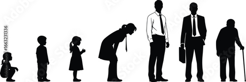 Human life cycle evolution stages, silhouette of people growing from child to adult and old age, vector illustration, aging process concept design.