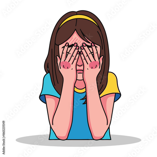 Embarrassed girl hiding face: A young girl hides her face behind her hands, her cheeks flushed with embarrassment, her posture expressing shyness and vulnerability. 